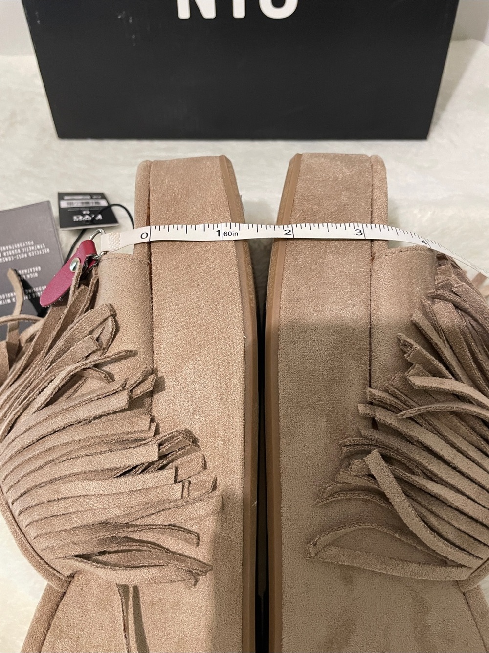 Madden NYC Women's Tan Suede BOHO Fringe Wedge Slides - Picture 9 of 16